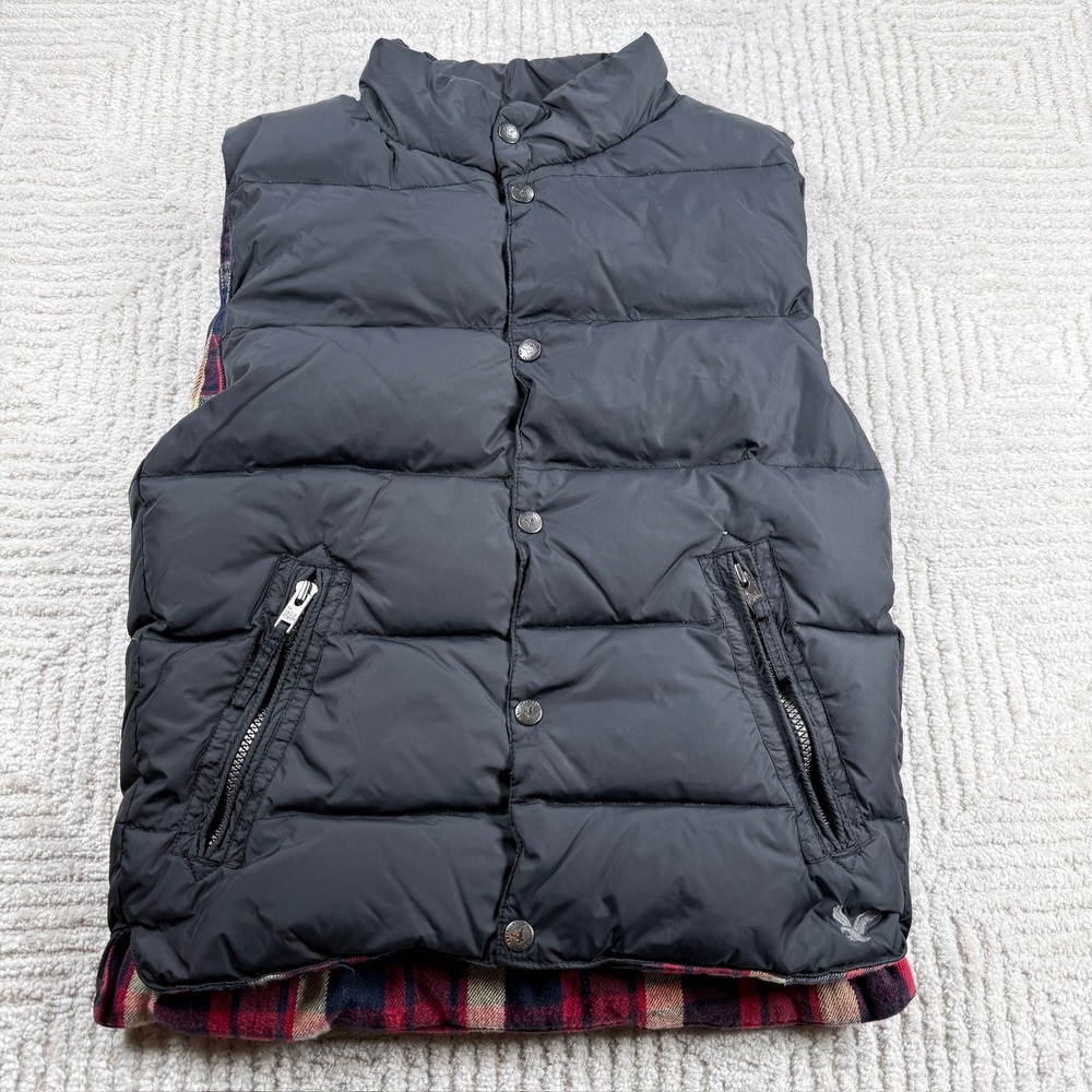 American Eagle Puffer Vest Men's XS Black Flannel Lined Down Fill Gorpcore Y2K